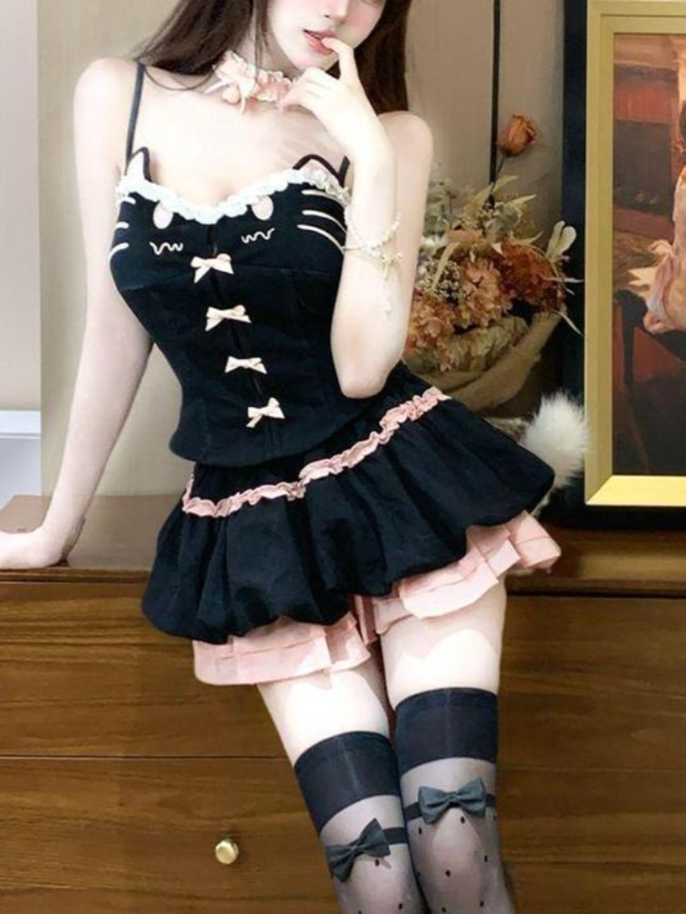 Summer Kawaii Cute Cartoon Cat - Cami Top Lace 리뷰 및 가격