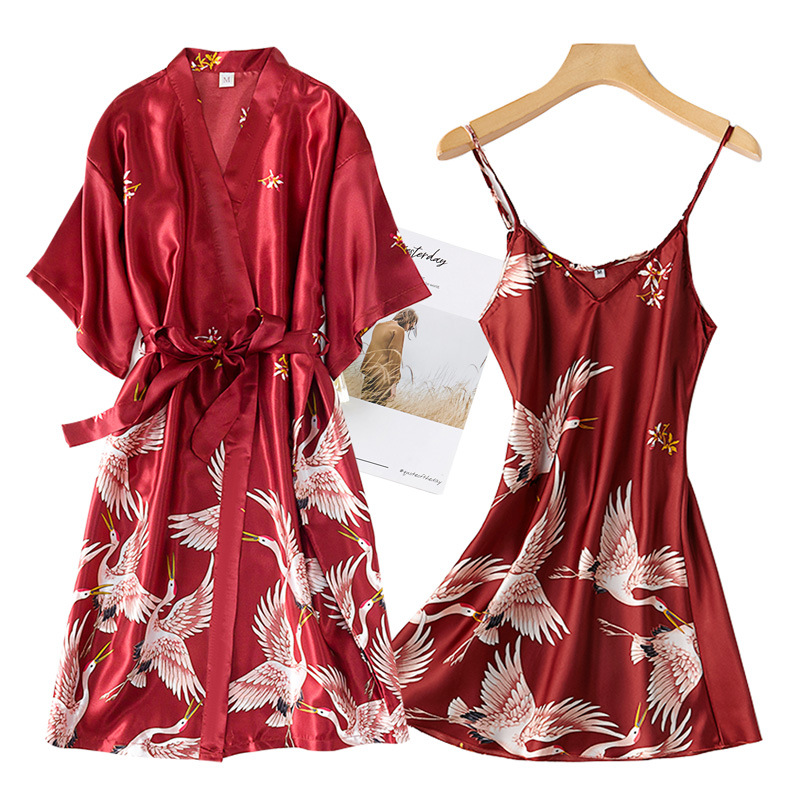 Burgundy Women 2PCS Faux Silk  - Robe Silk Women 리뷰 및 가격